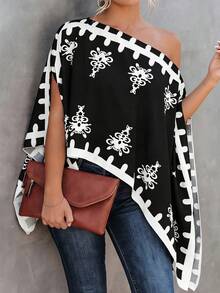 Elenzga Plus Size Women Print Asymmetrical Shoulder Asymmetrical Hem Blouse, Spring/Summer - Black and White - View 7