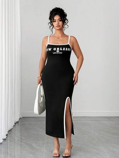 Elenzga Đầm hai dây xẻ tà in chữ thời trang dành cho nữ cỡ lớn, phù hợp mặc hàng ngày và đi du lịch.