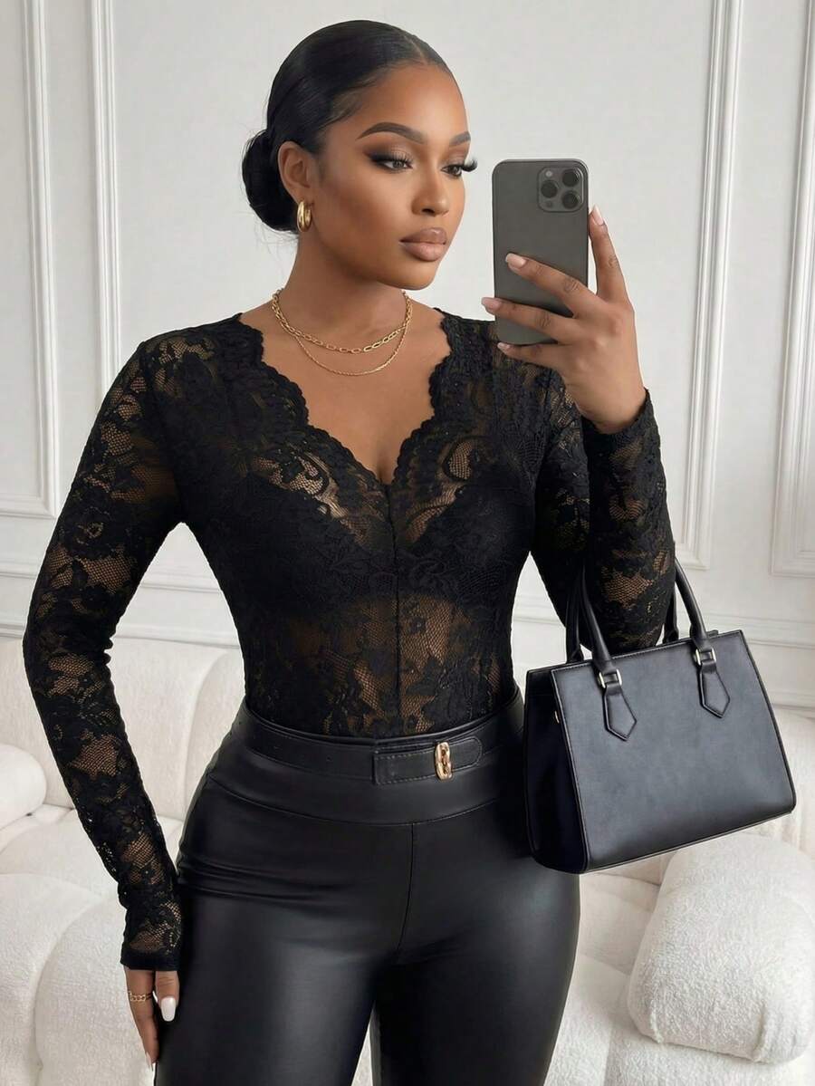 SHEIN Lady CURVE Plus Size Women's Elegant Sexy Sheer Lace Top,Ace See-Through V-Neck Long-Sleeved Black Top,Valentine's Day,Weddings & Events,Elegant,Black Top - Black - View 1