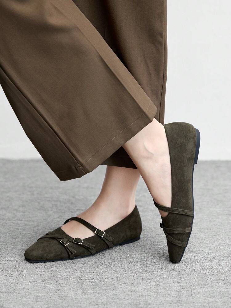 CUCCOO BIZCHIC Women Shoes Women's Square Toe Flat Bottom Dark Green Suede Multiple Strips With Low Vamp, Slip-On Stylish And Comfortable Mary Jane Shoes Daily Versatile Commuter Women's Flat Bottom Shoes Women's Shoes