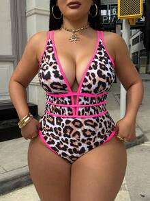 Swim SXY Plus Size Women's Leopard Print Deep V-Neck Sexy Backless One-Piece Swimsuit For Beach & Holiday - Multicolor - View 5