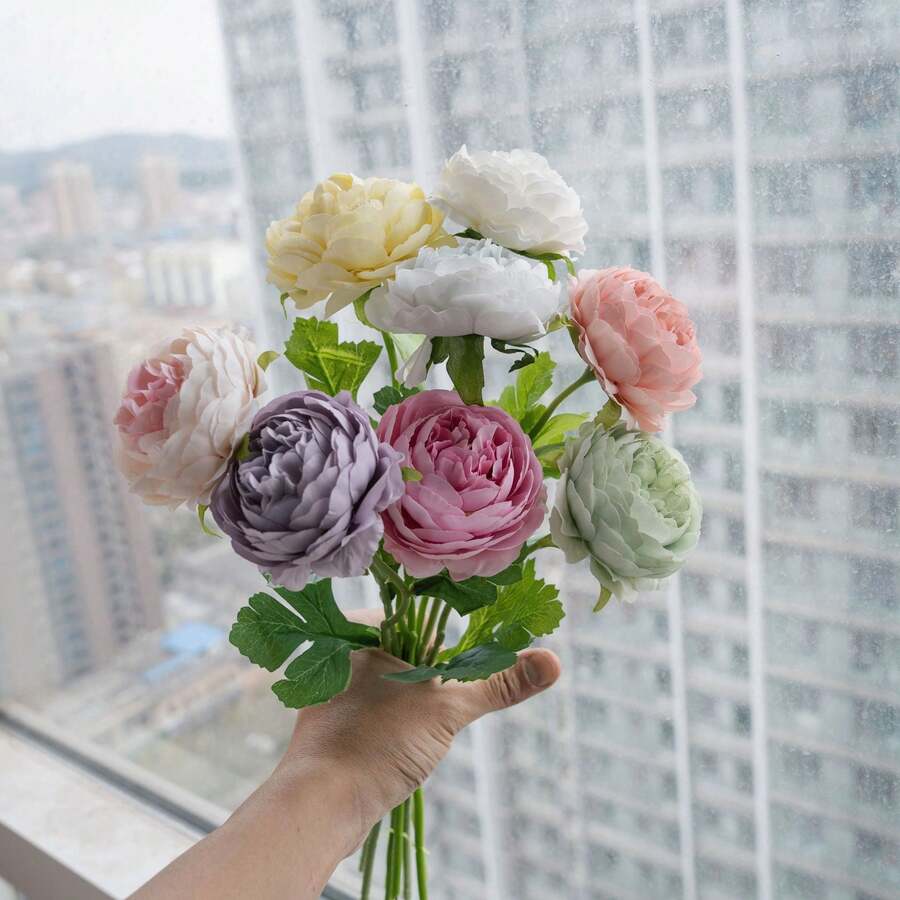米色牡丹仿真花,丝质牡丹带茎,逼真仿真牡丹,适用于家居餐桌装饰、婚礼仿真花卉摆设 - 香檳色 - 查看 1