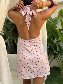 Sunnyshic Đầm hè nữ màu hồng chấm bi, hở vai, cổ yếm, lưng ôm sát, kiểu dáng gợi cảm pha lẫn phong cách Âu Mỹ, thích hợp cho hẹn hò, dự tiệc hoặc kỳ nghỉ biển ngọt ngào. - Hồng - Xem 2