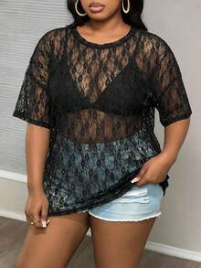 Slaydiva Camiseta de manga corta con cuello redondo de encaje negro y talla grande para mujer, de estilo casual, romántico y sexy, adecuada para el verano, festivales de música y fiestas - Negro - Ver 5
