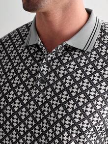 Manfinity Homme 男士現代修身短袖 Polo 衫，白黑千鳥格幾何圖案，夏季商務休閒辦公上衣，附灰色羅紋領 - 彩色 - 查看 8