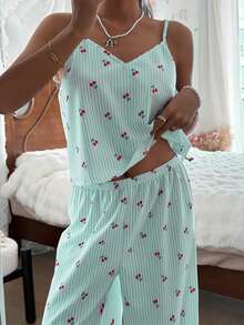 CottageSlumber Set Piyama Wanita Model Bubble Crinkle Bergaris Motif Ceri (Kamisol & Celana) - Mint Green - View 4