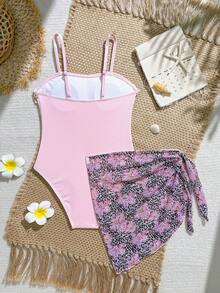 SHEIN Bộ đồ bơi liền thân cho bé gái tuổi teen với chất liệu vải có họa tiết và chân váy lưới, thích hợp cho kỳ nghỉ hè, đi biển và hồ bơi, mùa xuân/hè. - Hồng - Xem 2