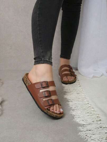 Sandalias de playa de moda para mujer con tres látigos y triple hebilla, suela de corcho ergonómica, planas de punta abierta, transpirables, versátiles y cómodas para caminar al aire libre