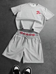 STYNVO 男士夏季休闲红色嘴唇印花T恤和短裤套装 - 灰色 - 查看 1