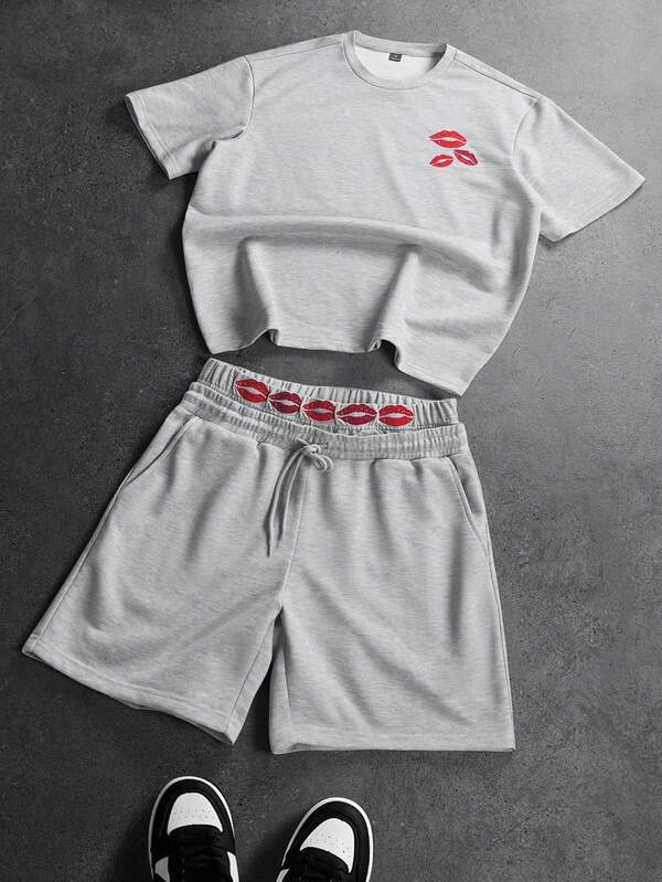 STYNVO Men's Summer Casual Red Lip Print T-Shirt And Shorts Set
