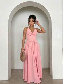 Xyvia Sleeveless Spaghetti Strap Waist Gathered A-Line Elegant Romantic Dress For Women - Dusty Pink - View 5
