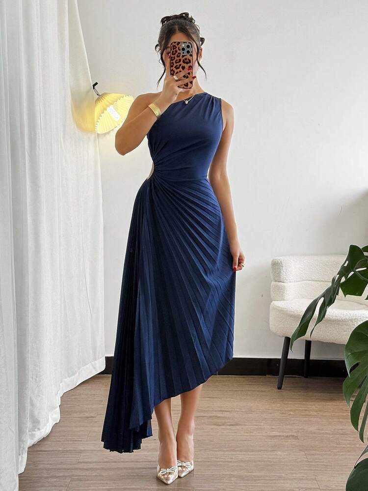 Vestido midi plisado de unicolor sin mangas con dobladillo asimétrico, elegante para el verano - Azul Marino - Añade 5