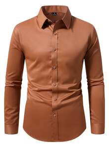 Manfinity Mode Men's Casual Solid Color Long Sleeve Shirt, Formal, Ceremony - Brown - View 3