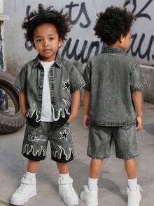 2pcs Young BoyFlame Print Blue Denim Short Sleeve Shirt And Shorts Set - Black - View 2
