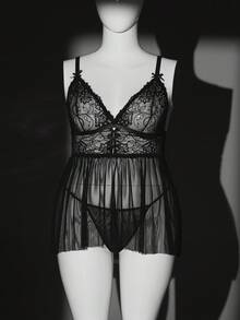 Seduluxe Conjunto de 2 piezas de lencería sexy de talla grande con vestido de encaje y malla + panty - Negro - Ver 5