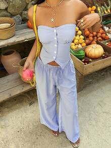 Sunnyshic 2pcs/Set Atasan dan Celana Camisole Wanita Motif Garis-garis dengan Hiasan Kancing - Royal Blue - View 4