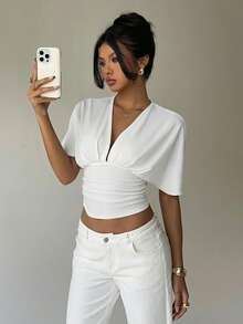 Aloruh Elegant Sexy 95% Cotton Deep V Ruched Short Sleeve T-Shirt, Suitable For Elegant Dates, Commuting, Daily Outings, Sexy, Versatile, Basic Style Suitable For All Seasons; Vintage, Soft Girl, Home, Back To School, Fall Wardrobe; Simple, Fashionable; Cozy, Chic.,Summer Top - White - View 5