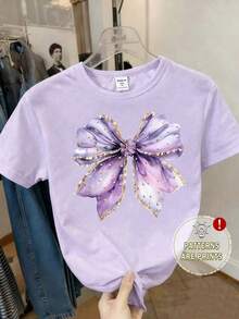 春夏休闲时尚创意个性清新高端闪亮紫白渐变花卉图案印花基础款白色短款T恤，舒适日常穿着，适合少女 - 玫紅色 - 查看 4
