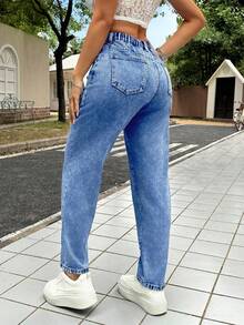 SHEIN PETITE PETITE 女款休閒修身 7/8 長度緊身牛仔褲，藍色低腰寬鬆牛仔褲，喇叭牛仔褲，小碼女款牛仔褲 - 中等水洗藍 - 查看 7