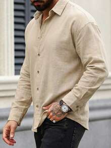 Men's Long Sleeve Button-Down Relaxed Fit Linen-Blend Shirt - Beige - View 5