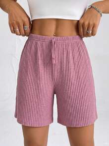 OYGA Women's Solid Relax Ribbed Elastic Waist Fake Drawstring Sleep Bottom - Pink - View 1