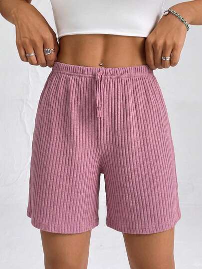 OYGA Women's Solid Relax Ribbed Elastic Waist Fake Drawstring Sleep Bottom