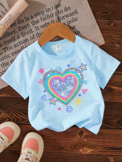 Camiseta básica azul de manga corta con estampado de corazón, estrella, cara, diamante y forma de sol, de estilo minimalista, lindo y kawaii, para niñas, de uso casual y cómodo, adecuada para primavera, verano y otoño