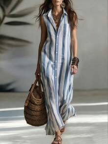 Balvessa Casual Striped Retro Vacation Sleeveless Open Front Shirt Dress, Suitable For Work And Leisure - Multicolor - View 1