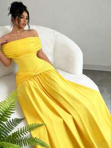 Elenzga New Off Shoulder Sleeveless Knit Fitted Elegant Party Versatile Dress For Women - Yellow - View 3