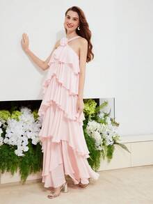 MOTF Petite LONG ROMANTIC MULTILAYER DRESS FOR DATES, VACATION IN SPRING/SUMMER ,PETITE WOMEN - Pink - View 5