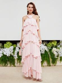 MOTF Petite LONG ROMANTIC MULTILAYER DRESS FOR DATES, VACATION IN SPRING/SUMMER ,PETITE WOMEN - Pink - View 7