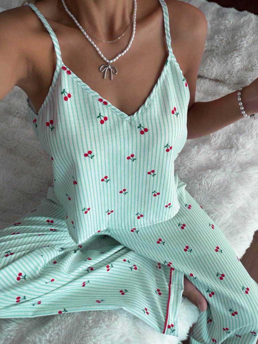 CottageSlumber Set Piyama Wanita Model Bubble Crinkle Bergaris Motif Ceri (Kamisol & Celana) - Mint Green - View 1