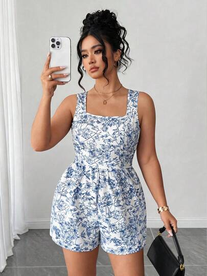 Elenzga Bộ áo liền quần cỡ lớn thanh lịch in họa tiết cổ vuông