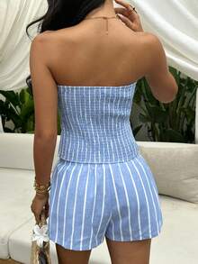 Sunnyshic 蓝色条纹抹胸露背短款上衣和低腰短裤两件套，女士夏季度假海滩通勤简约休闲百搭套装 - 藍色 - 查看 2