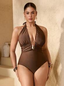 Swim Oasis Plus Size Women 2pcs Coffee Brown Deep V Neck One-Piece Swimsuit With Coffee Brown Mesh Wrap Skirt, Beach Holiday - Coffee Brown - View 5