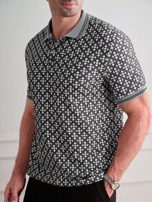 Manfinity Homme 男士現代修身短袖 Polo 衫，白黑千鳥格幾何圖案，夏季商務休閒辦公上衣，附灰色羅紋領 - 彩色 - 查看 5