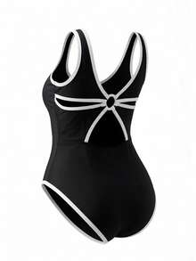 Swim SPRTY Plus Size Women One-Piece Solid Color Hollow Back Sports Swimsuit - Black - View 6