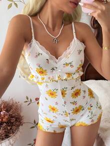 CottageSlumber French Gentle Chamomile Lace Camisole With Ruffle Hem Romper - Multicolor - View 4