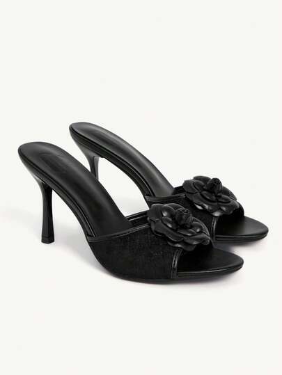 CUCCOO CHICEST Giày nữ mùa xuân hè mới, sandal cao gót hoa 3D màu đen, dép lê thời trang và thoải mái, đa năng, phù hợp đi làm, sandal thanh lịch, sandal hở mũi.