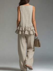 EMERY ROSE Ruffle Hem Decorated Camisole + Pants Set - Khaki - View 2