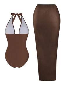 Swim Oasis Plus Size Women 2pcs Coffee Brown Deep V Neck One-Piece Swimsuit With Coffee Brown Mesh Wrap Skirt, Beach Holiday - Coffee Brown - View 3