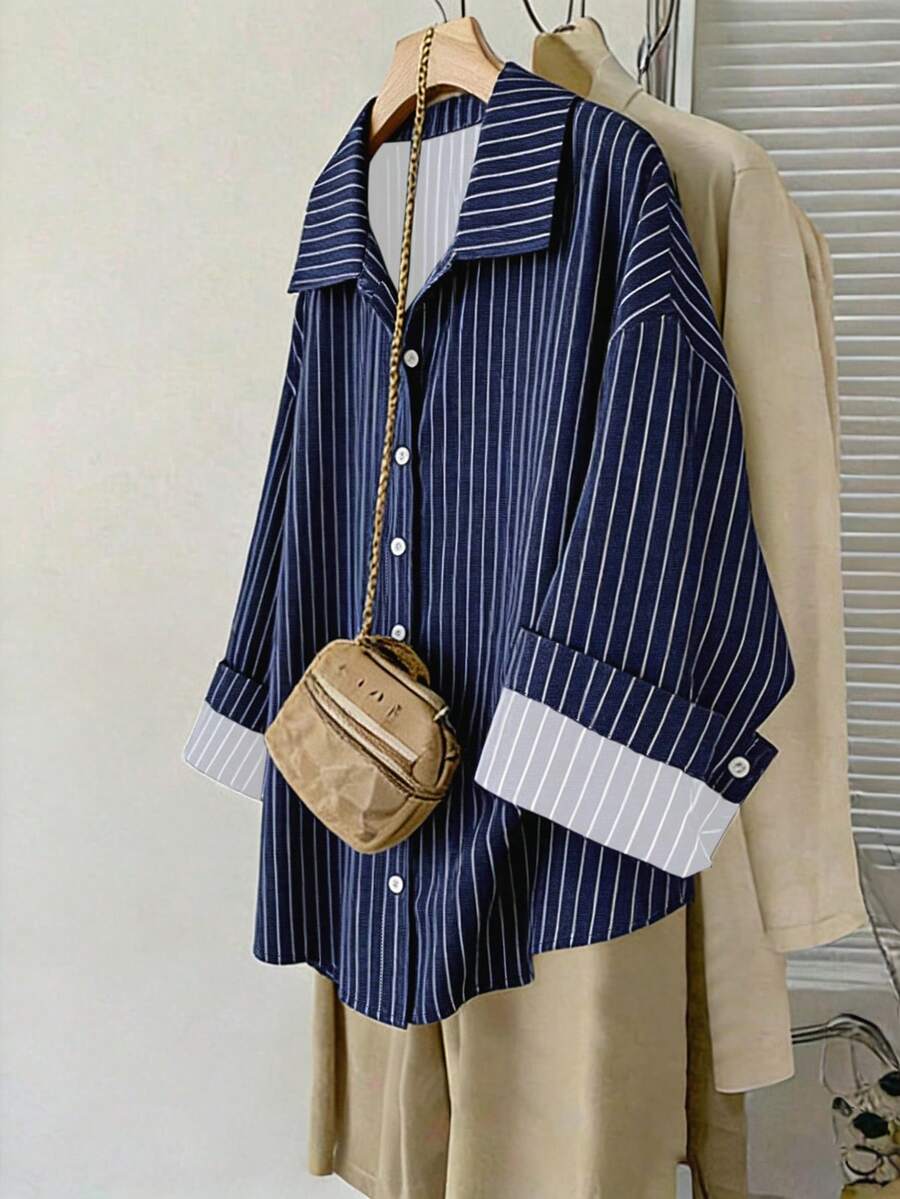 SHEIN CURVE+ Plus Size Casual Commuter Striped Shirt Fall - Blue - View 1