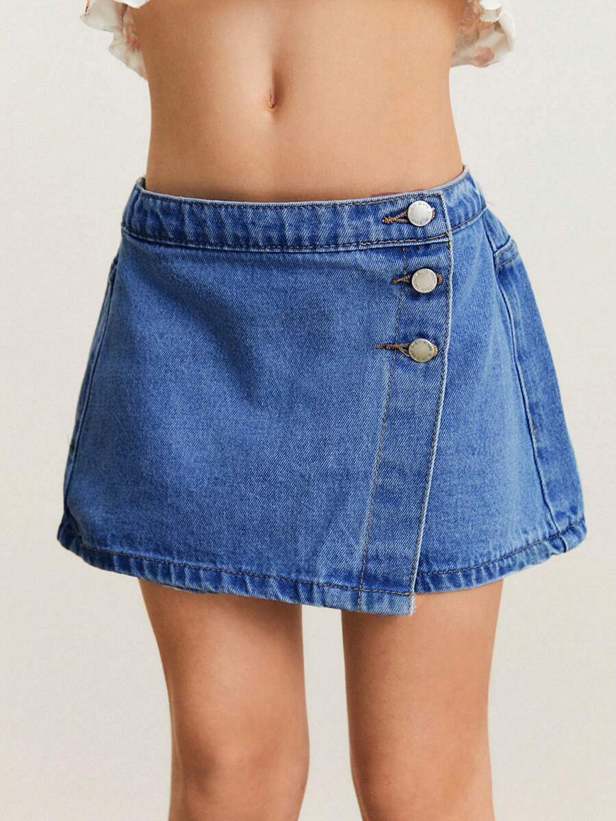 SHEIN 少女可爱水洗舒适柔软牛仔裙裤 - 深色水洗藍 - 查看 1