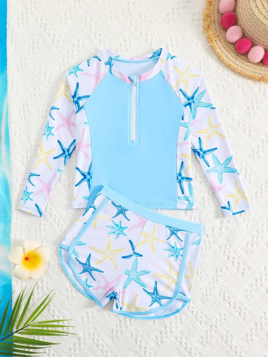 SHEIN 女童圆领海星印花长袖上衣和短裤泳衣套装，适合夏季度假 - 藍色 - 查看 1