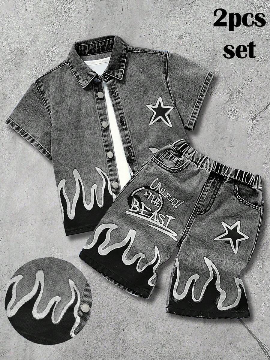 2pcs Young BoyFlame Print Blue Denim Short Sleeve Shirt And Shorts Set - Black - View 1