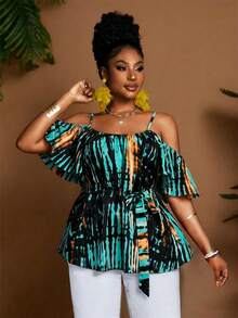 Maweii Camisa de vacaciones sexy con hombros descubiertos para tallas grandes - Azul - Ver 4