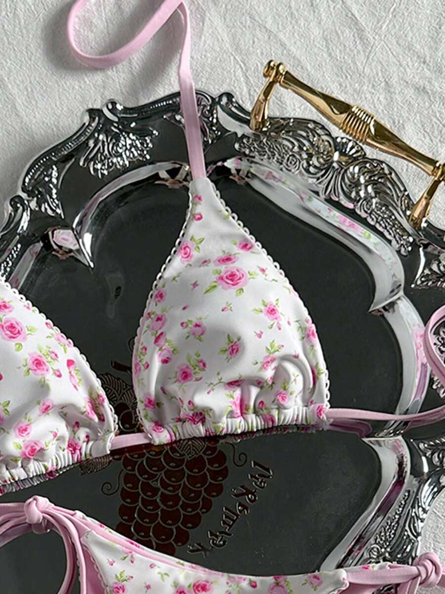 Swim Mod 2026 Spring/Summer Tie-Up Strap Two Pieces Bikini Swimsuit Womans Bikini Sets Floral Print Bikini Pink String Bikini - Multicolor - View 1