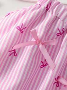Girls Summer Birthday Outfit 1 Set Cute Princess Style 3D Bow Decor Camisole Top & A-Line Striped Skirt, White & Pink Suitable For Daily Wear, Party - Pink - View 9
