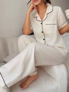 Napfluff 极简撞色滚边开襟短袖长裤家居服套装（女士款） - 杏色 - 查看 8