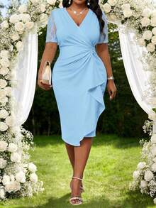 SHEIN Lady Elegant Light Blue Plus Size Dress V Neck Half Sleeve Knitted Fabric Wrap Hem Knee Length Fitted Perfect For Wedding Guest - Blue - View 2